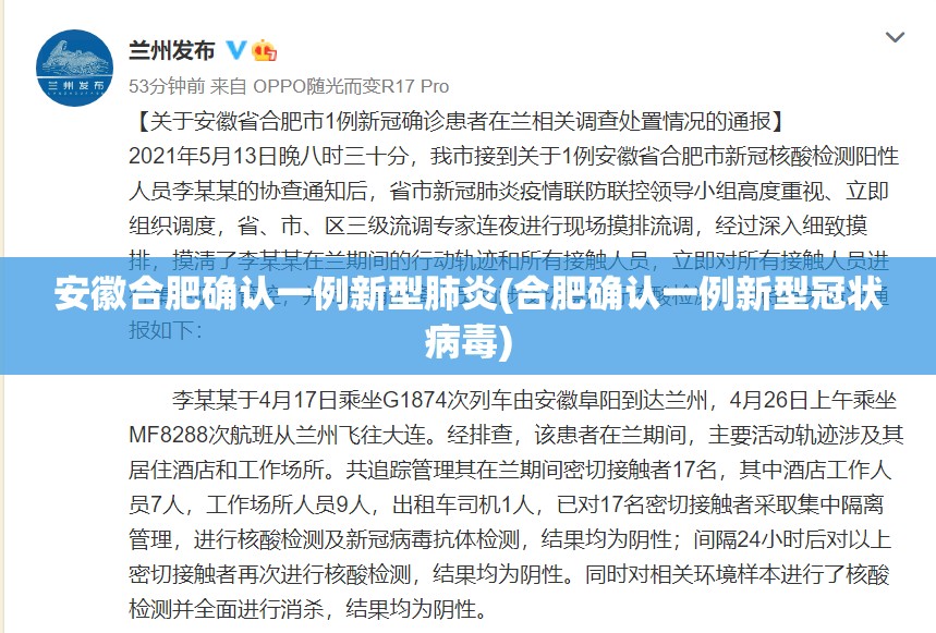安徽合肥确认一例新型肺炎(合肥确认一例新型冠状病毒) 安徽合肥确认一例新型肺炎(合肥确认一例新型冠状病毒)
