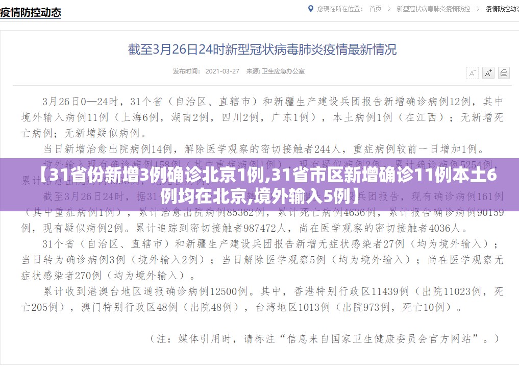 【31省份新增3例确诊北京1例,31省市区新增确诊11例本土6例均在北京,境外输入5例】